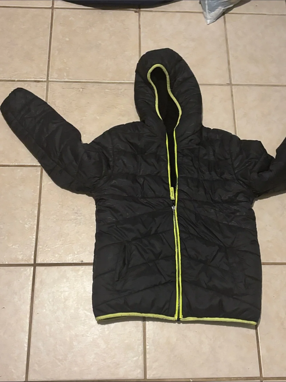 Eddie Bauer Kids Black Hooded Puffer Jacket with Lime Trim